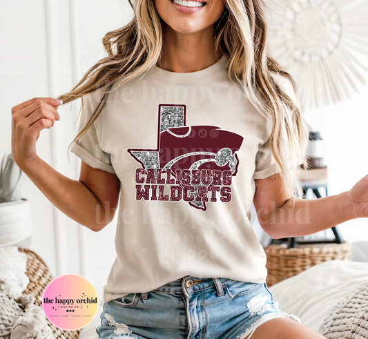 NEW CALLISBURG WILDCATS GLITTER State tee